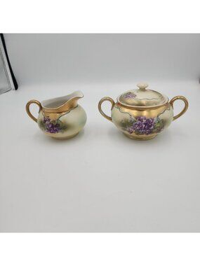 Vintage Hand Painted purple Violet Flowers Creamer Sugar Set Porcelain Unmarked